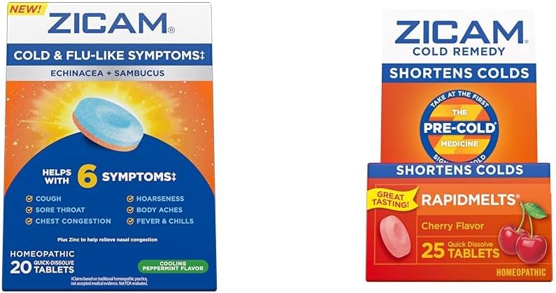 Zicam Cold & Flu סימפטומים 20 טבליות קר Remedy Zinc Rapidmelts 25 Count Homeopathic Colding Bundles