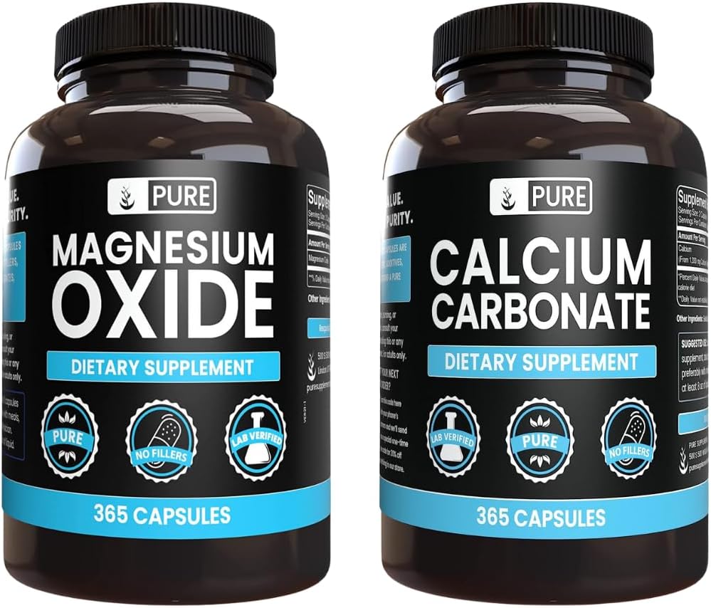 רכיבים מקוריים טהורים Calcium Carbonate ו- Magnesium Oxide Bundle, 365 קפסולות כל אחד, No Fillers, Alwasy Pure Pure