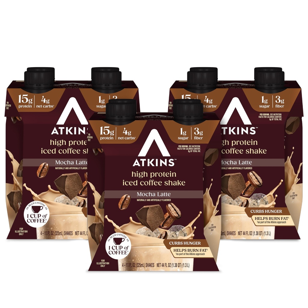 אטקינס Mocha Latte Iced Coffee Shake, חלבונים גבוהים, נמוך Glycemic, נמוך פחמימות ושקות סוכר נמוך, Keto-Friendly, 12 Pack