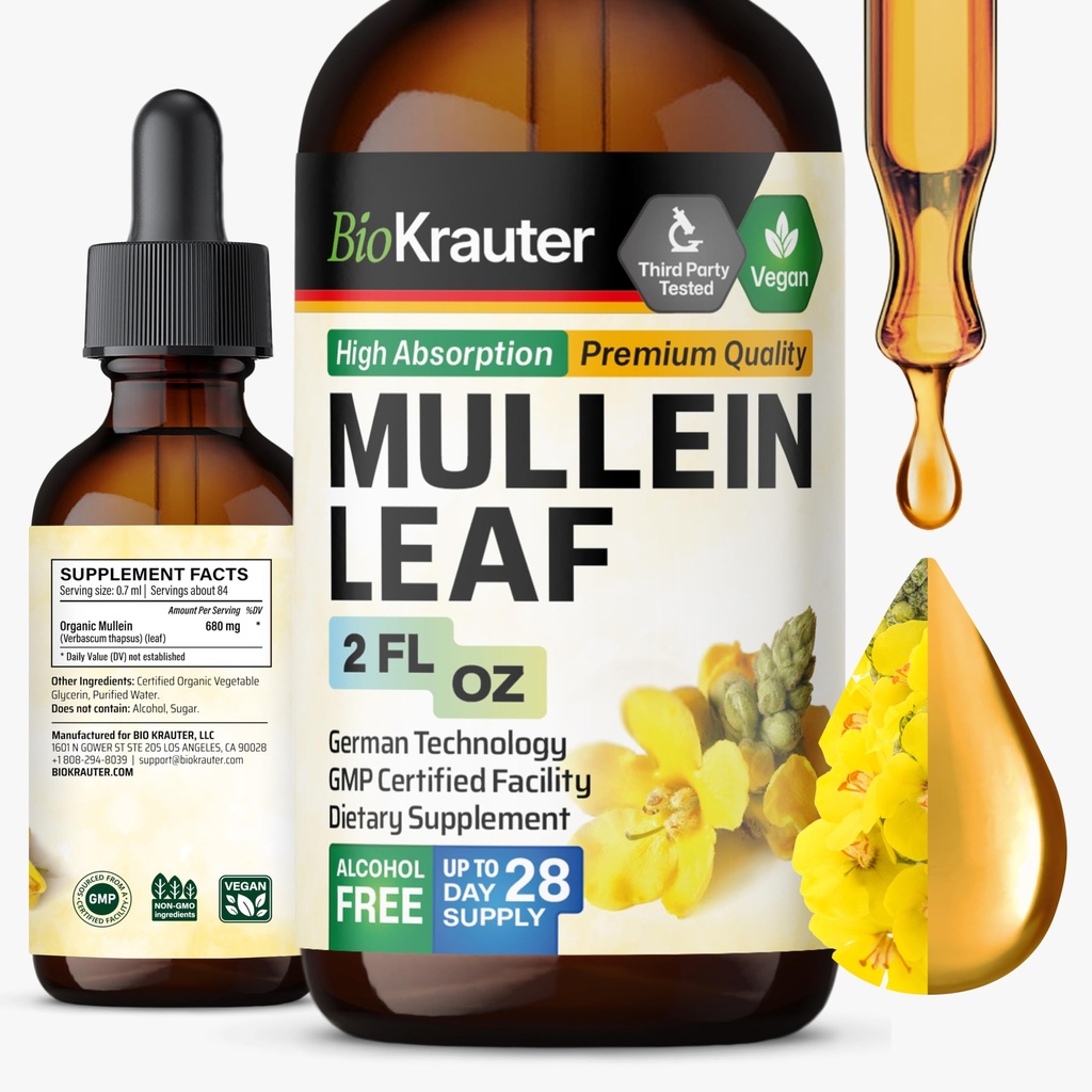 BIO KRAUTER Mullein Leaf Extract for Lungs 2 Fl. Oz - 28 ימים של אספקה - Pure Mullein טיפות עבור Lung ניקויse & Detox - תוספי הנשימה טבעונית - Non-GMO, No Sugar & אלכוהול