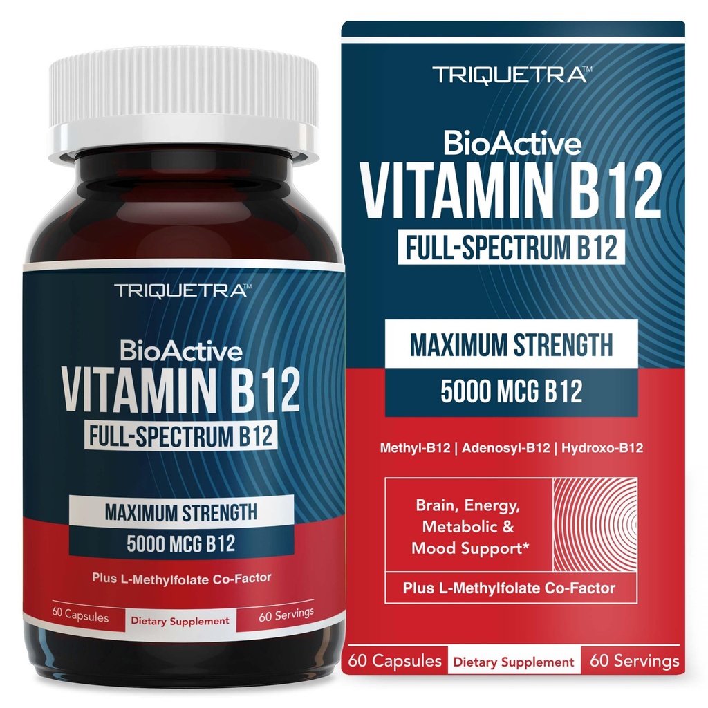 ויטמין B12 - 5000 mcg, מכיל 3 טפסים bioActive B12 פלוס Methylfolate Cofactor - Methyl B12, Adenosyl B12 & Hydroxy B12 | תמיכה אנרגיה, Metabolism & Mood | טבעוני, Non-GMO (60 משרתים)