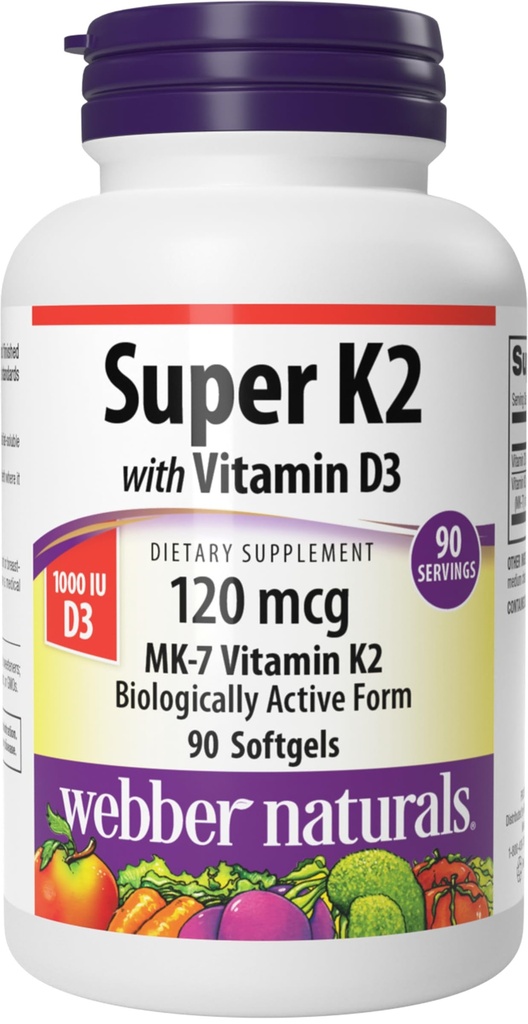 Webber Naturals Super ויטמין K2 MK-7 120 mcg עם ויטמין D3, 90 Softgels, תומך עצמות, שיניים, מערכת Cardiovascular