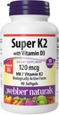 Webber Naturals Super ויטמין K2 MK-7 120 mcg עם ויטמין D3, 90 Softgels, תומך עצמות, שיניים, מערכת Cardiovascular