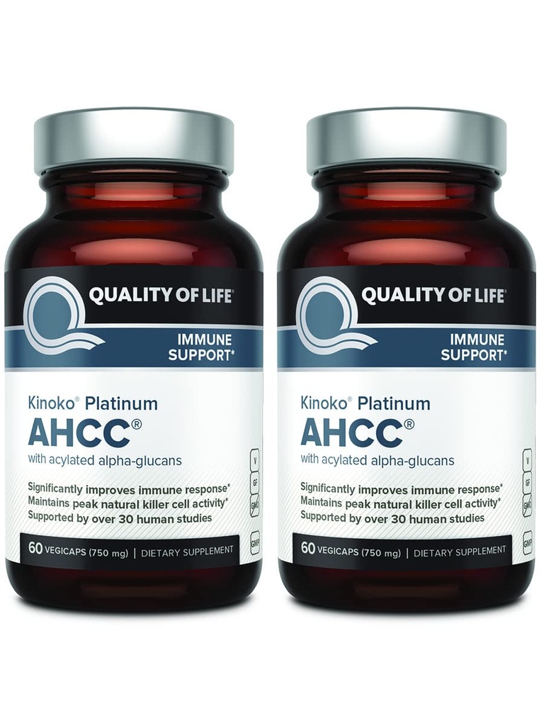איכות החיים AHCC Kinoko פלטינום 750 מ"ג - Premium Immune Support Supplement - Pack of 2, 60 Count Bottles