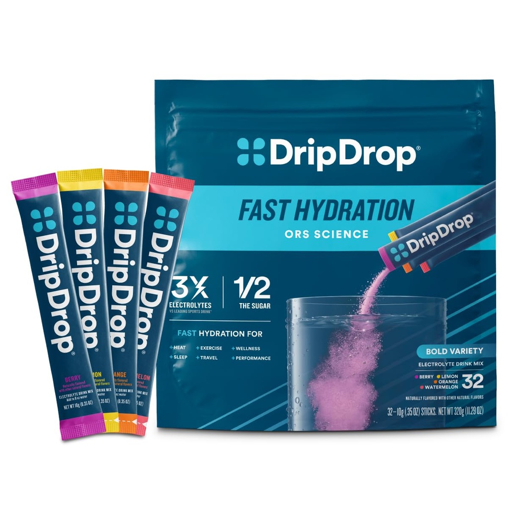DripDrop hydrotion Packets - Bold Variety Pack - Single Serve Electrolytes אבקת לשתות Mix - Watermelon, ברי, לימון, כתום - non-GMO, Gluten Free, טבעוני - 32 מקלות