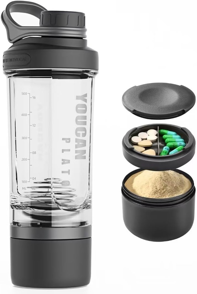 21oz חלבונים Shaker בקבוק עם אבקה אחסון מכיל-Shaker כוסות עבור חלבון שקדס טרום אימון בקבוק Mixer Cup-Gym Sport Water Bottle -Made with Tritan BPA חינם, with Wire Whisk Balls (Black)