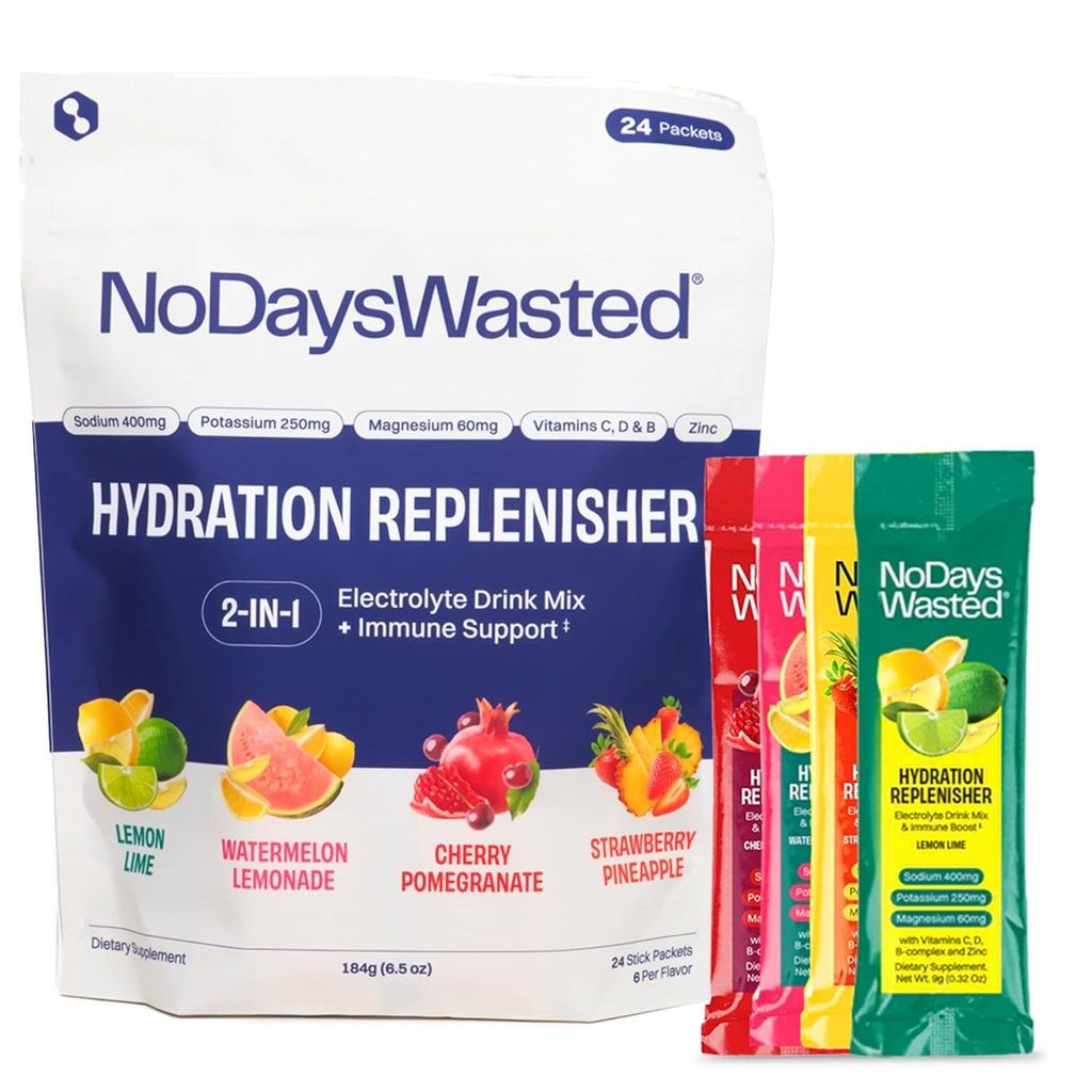 No Days Wasted hydrotion Replenisher Electrolyte Stick Packets: Essential Rapid Hydration & ויטמינים | Sodium, Potassium, Magnesium, ויטמין B, C, D, Zinc | 4 Flavor Variety Pack