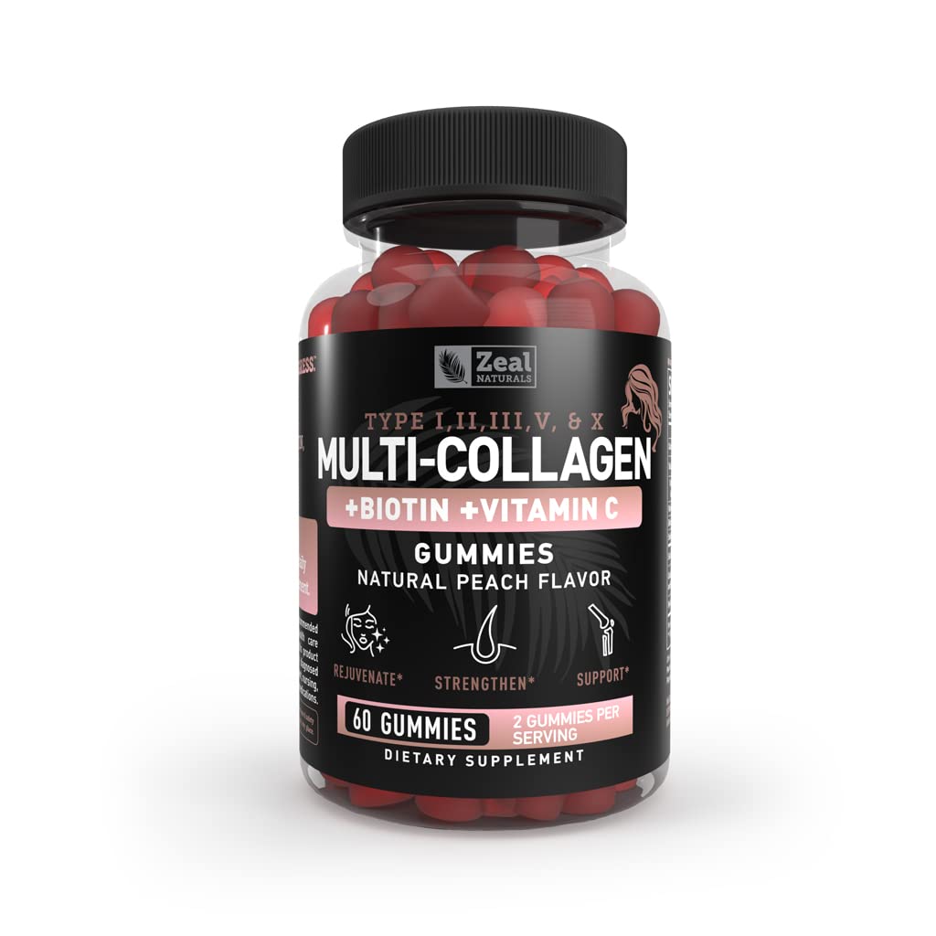 Multi Collagen Peptide Gummies (1, 2, 3, 5 ו 10) + ויטמין C + ביוטין + Hyaluronic Acid | תומך שיער בריא, עור וציפורים | Non-GMO ו- Gluten-Free | Natural Peach Flavor | 60 מסטיק