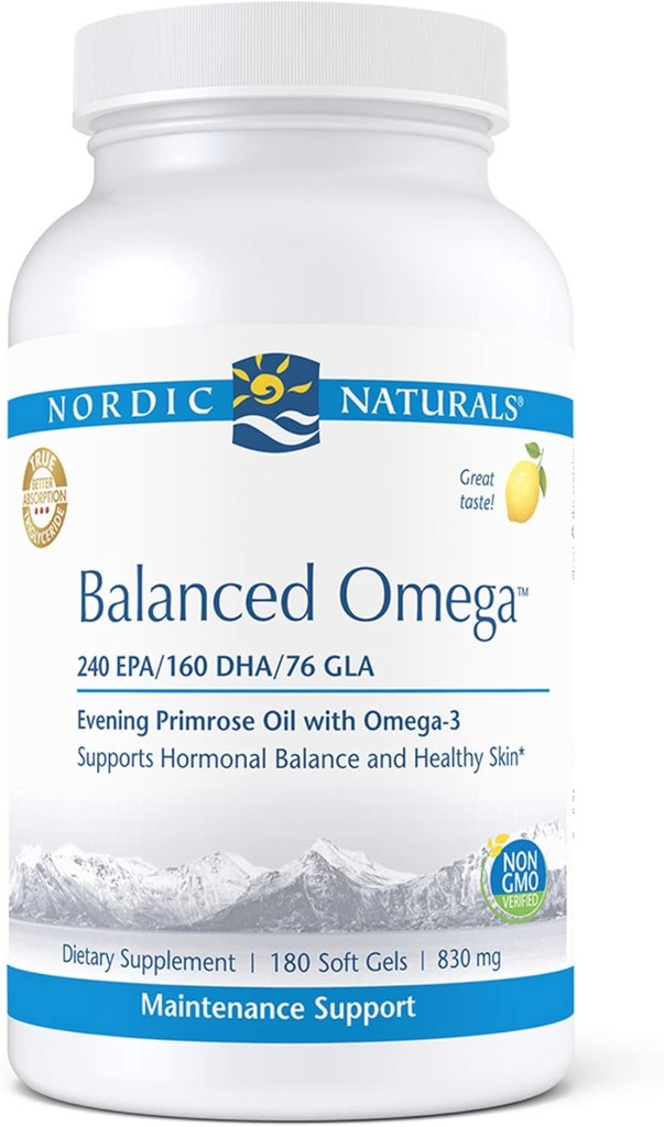 Nordic Naturals Pro Balanced אומגה - שמן דגים שמן ו Evening Primrose שמן, 240 מ"ג EPA, 160 מ"ג DHA, 76 מ"ג GLA, תומך הורמוניאלזון ועור בריא *, 180  Soft Gels