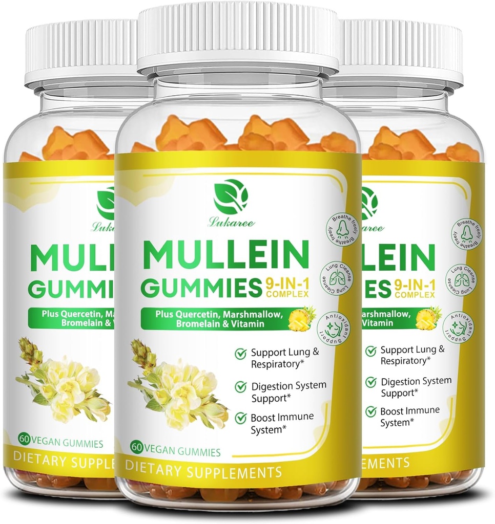 (3 Pack) 9 ב 1 Mullein Gummies עבור Lungse & Detox, תוספת כוח מולליין עלץ לחלץ w / Quercetin, Bromelain, Elderberry & Marshmallow for Respiratory, Immune &ive, טבעוני, 180
