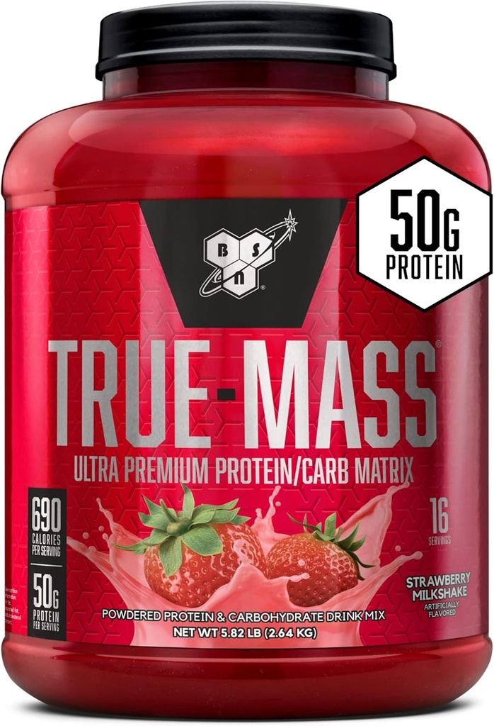 BSN TRUE-MASS משקל Gainer, אבקת חלבון שריר Mass Gainer, Strawberry Milkshake, 5.82 פאונד