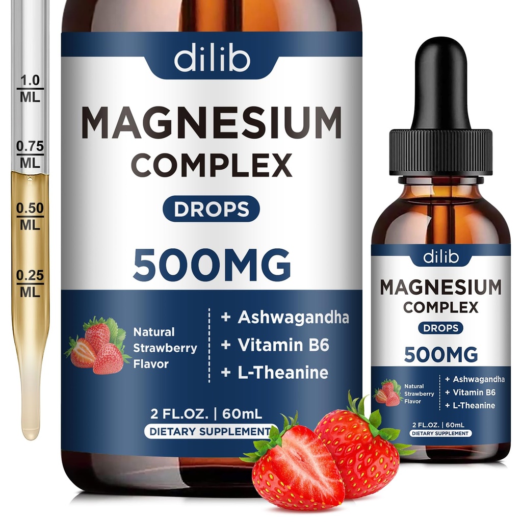 משולש Magnesium Complex תוסף - מגנזיום Glycinate, Citrate, Malate נוזל טיפות 500 מ"ג עם Ashwagandha, L-theanine, ויטמין B6 עבור הקלה מתח, שינה, שריר תמיכה-Strawberry פלבדור פלמור