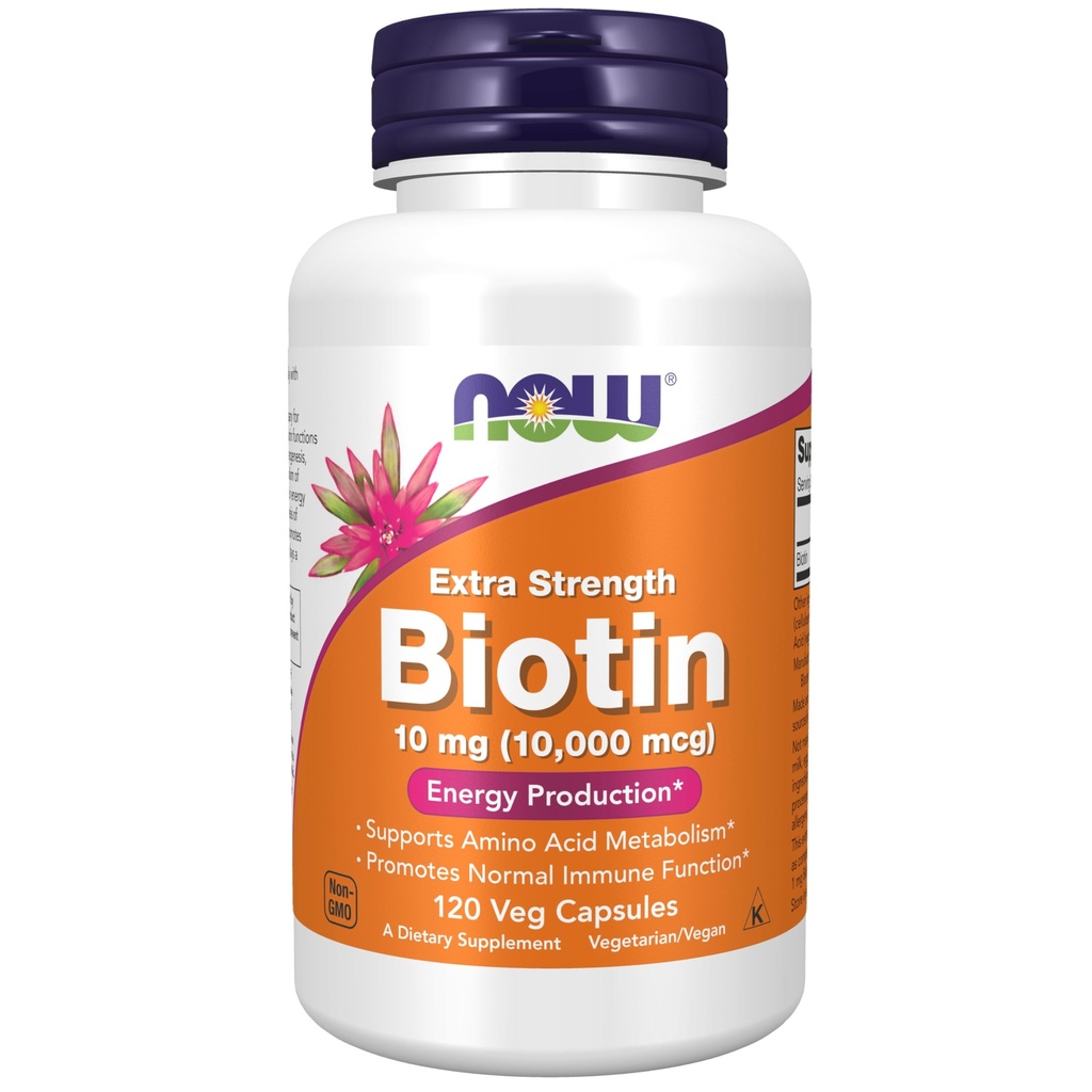תוספי מזון עכשיו, ביוטין 10 מ"ג (10,000 mcg), תוספת כוח, ייצור אנרגיה *, 120 קפסולות Veg