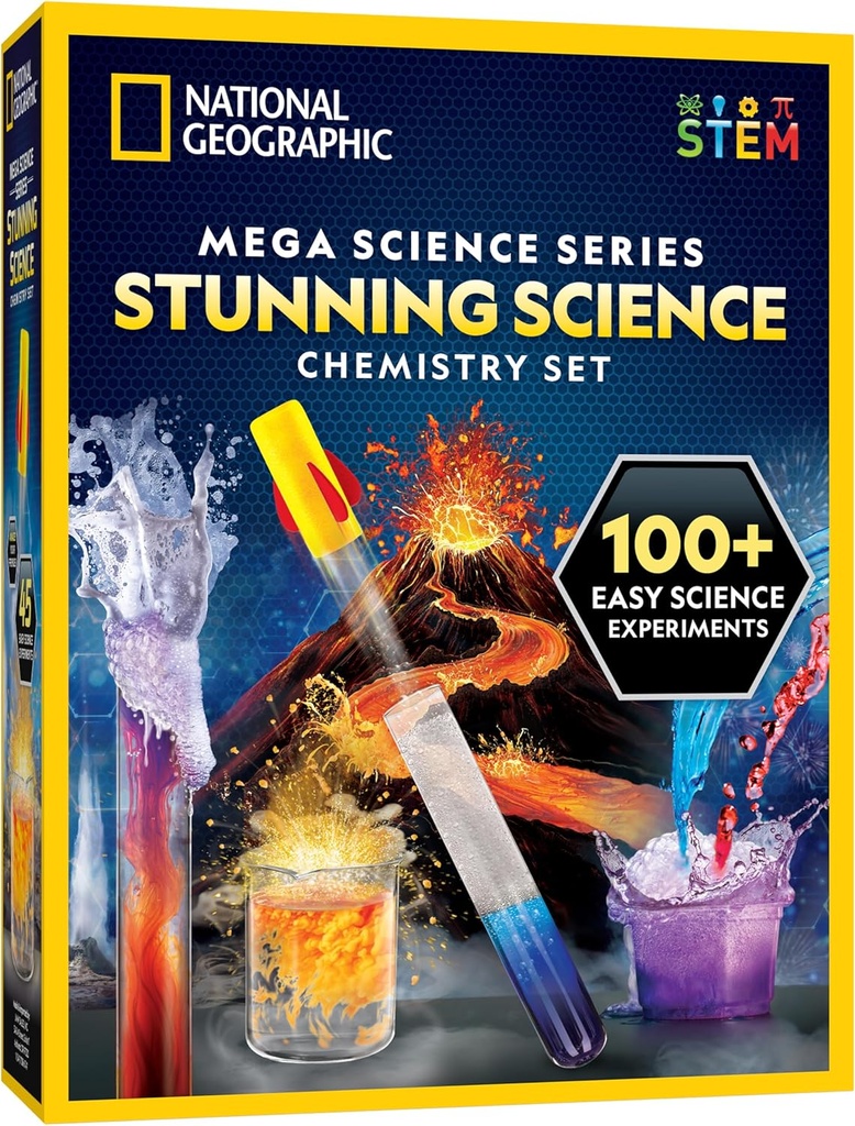 National Geographic Amazing Chemistry Set - Mega Science Kit with 45 Easy Experiments - Make a Volcano and Launch a Rocket, STEM Projects for Kids Ages 8-12, Science Toys