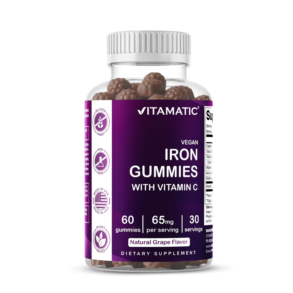 Vitamatic Iron 65 מ"ג חניכיים תוספת לנשים וגברים - 60 חניכיים טבעוניות - גדול Tasting Iron Gummy ויטמינים עם ויטמין C (1)