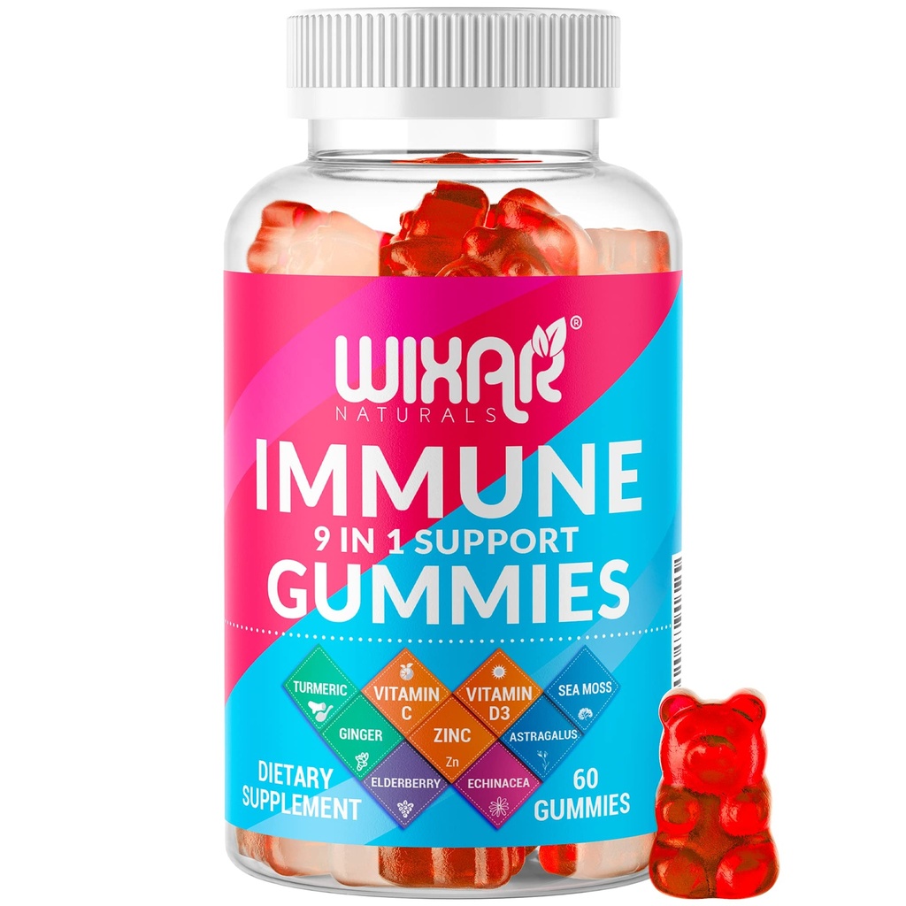 9 ב 1 Immune תומך חניכיים עם Elderberry, ויטמין C & D, Zinc, Turmeric, ג'ינג'ר, Echinacea, Astragalus & Sea Mos for Immunity Supplement - 60mies