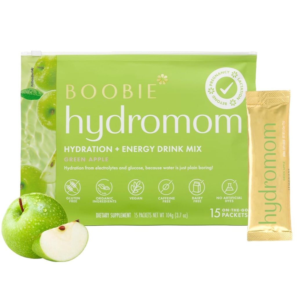 Boobie hydromom Superfood Electrolyte Drink Mix, גרין אפל | מרעננים אנרגיה ושיקום Boost for Mamas | On- The-Go & Travel Essentials for Pregnancy, Lactation, & Beyond, 15 Packets