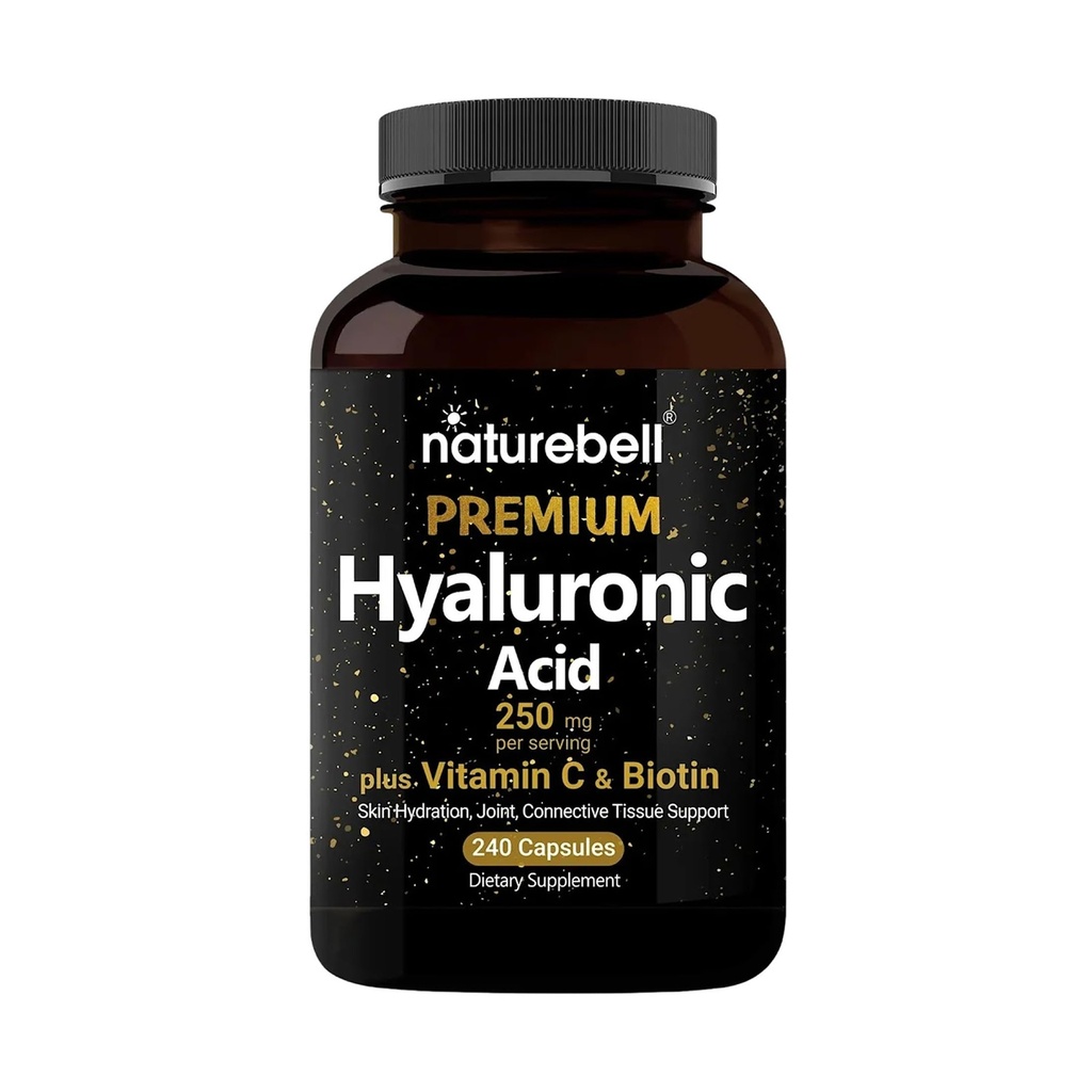 NatureBell Hyaluronic Acid תוספי 250 מ"ג | 240 קפסולות, עם ביוטין 5000mcg & ויטמין C 25 מ"ג, 3 בתמיכה אחת