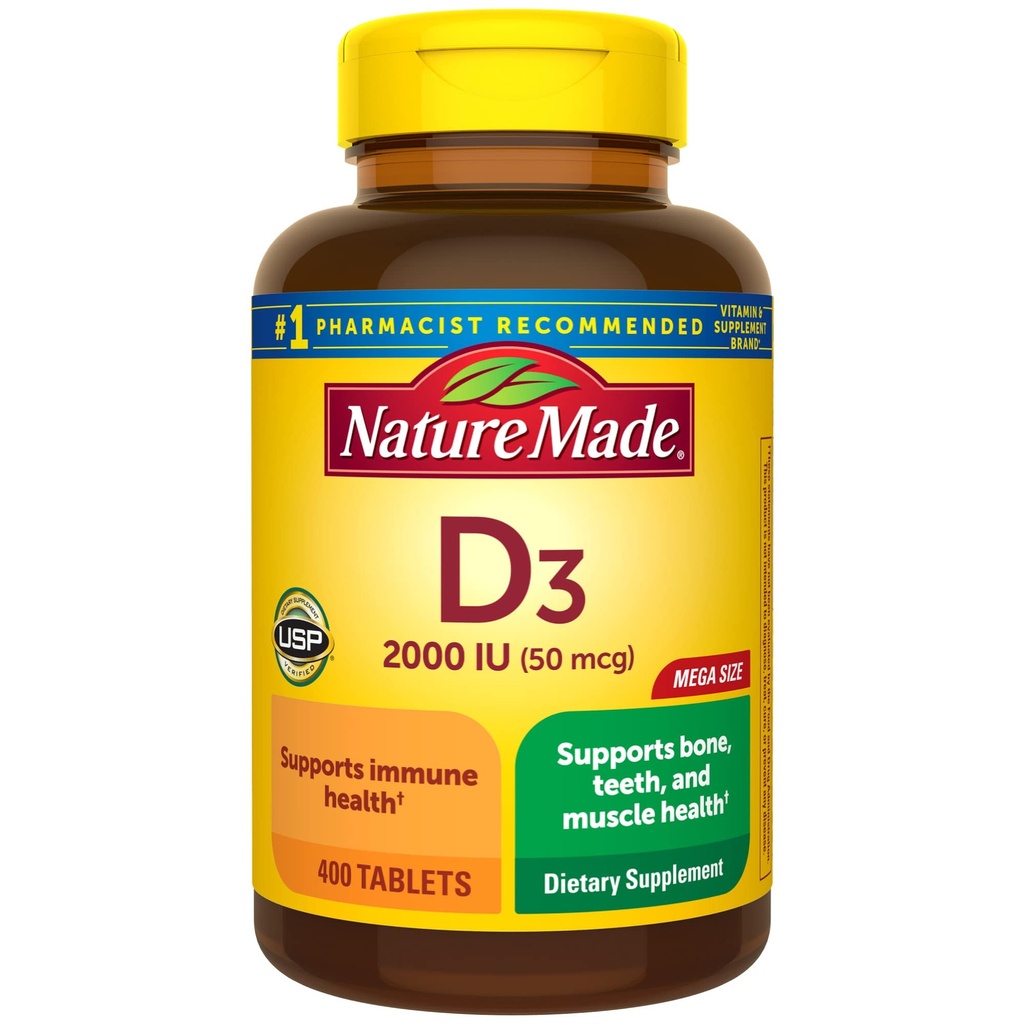 הטבע עשה ויטמין D3 2000 IU (50 mcg), ויטמין D עבור העצם, שיניים, שריר ותמיכה בריאות החיסון, 400 טבליות, 400 יום אספקה