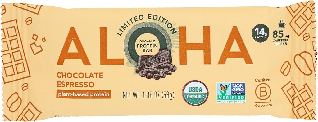 Aloha שוקולד Espresso חלבון Bars, 14g צמחי חלבון, 85 מ"ג Caffeine, USDA מוסמך אורגני, Gluten Free & non-GMO, 1.98 Oz (Pack of 12)