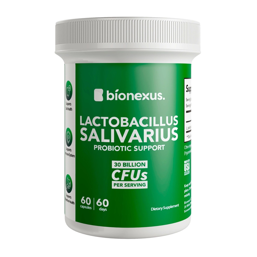 BionexusTM Lactobacillus Salivarius Dietary Supplementary - 60-Count, 30 Billlion CFU אוראלי Probiotics תמיכה, אוראלי ו- Digestive WellBeing, Immune Boost - Made in USA, Delayed-Release DRcaps®