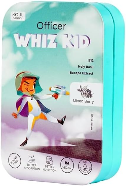 קצין Soul Strips Whiz Kid - Bacopa & Holy בזיל כדי לשפר את תפקודי המוח ויטמין B12, מעורב ברי פלאפור, Zero Sugar, Vegan, 30 Strips Pack