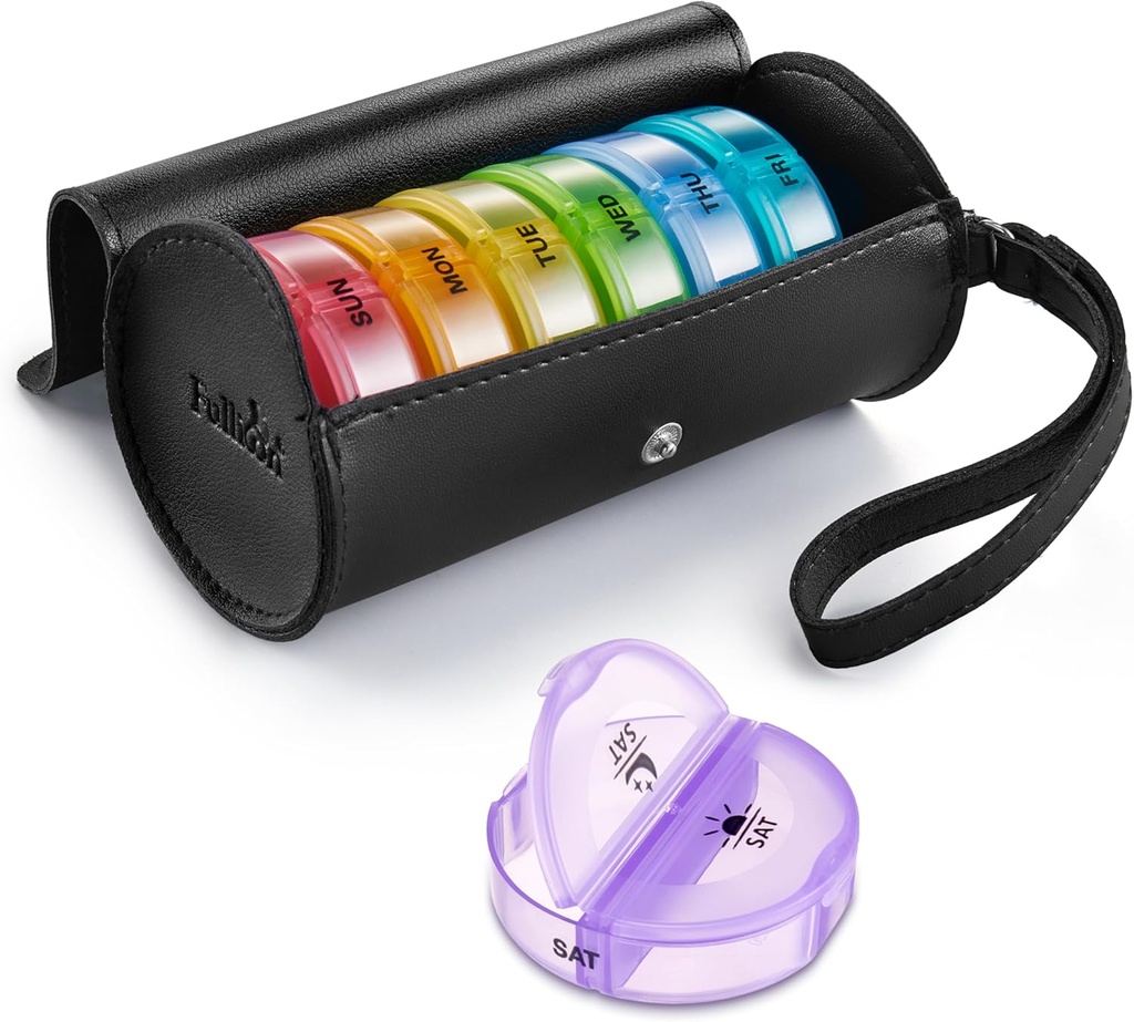 Fullicon PU Case Weekly Pill BoxOriser 2 Times A Day, Travel 7 Day Pill Boxes, Portable Tablet Organiser with Largeשוואת תרופות, תרופות, ויטמין, תוספים (Black/Rainbow)