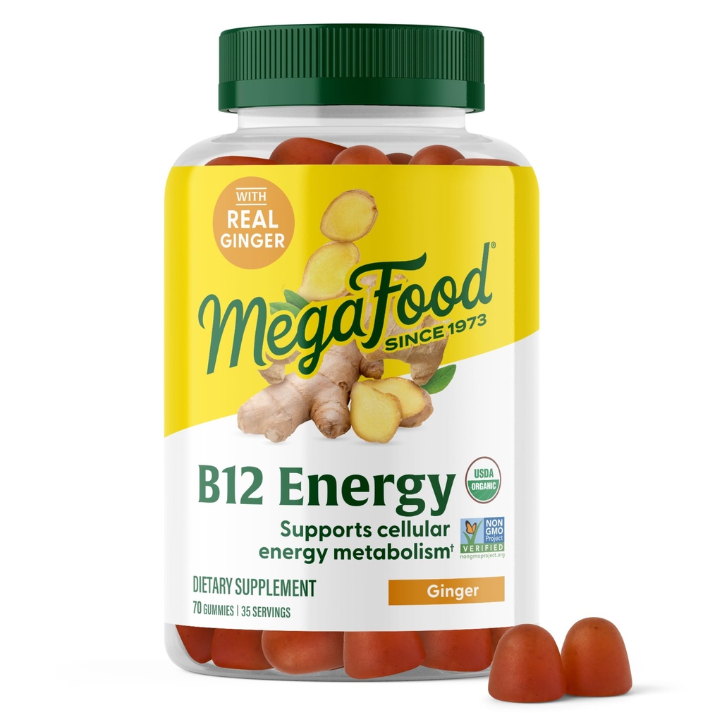 מגה מזון ויטמין B12 אנרגיה חניכיים - טבעוני - עם Methyl B12 ויטמינים לתמוך ייצור חשמל סלולרי - ג'ינג'ר - יומי ויטמין B12 תוסף - USDA אורגני - 70 מסטיקנים, 35 משרתים