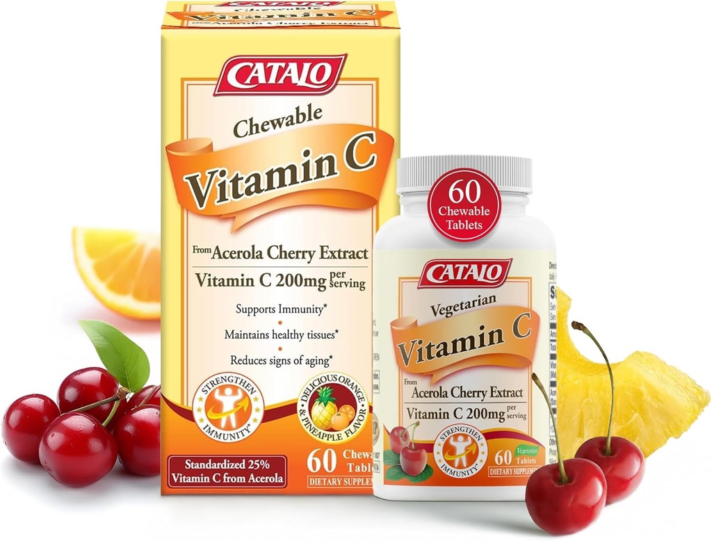 CATALO ויטמין C פורמולה - Acerola Cherry Extractor, 200 מ"ג ויטמין C לכל משרת, Skin Rejuvenation, Collagen Production, Delicious Orange & Pineapple Flavor, 60 טבליות Chewable Tablet