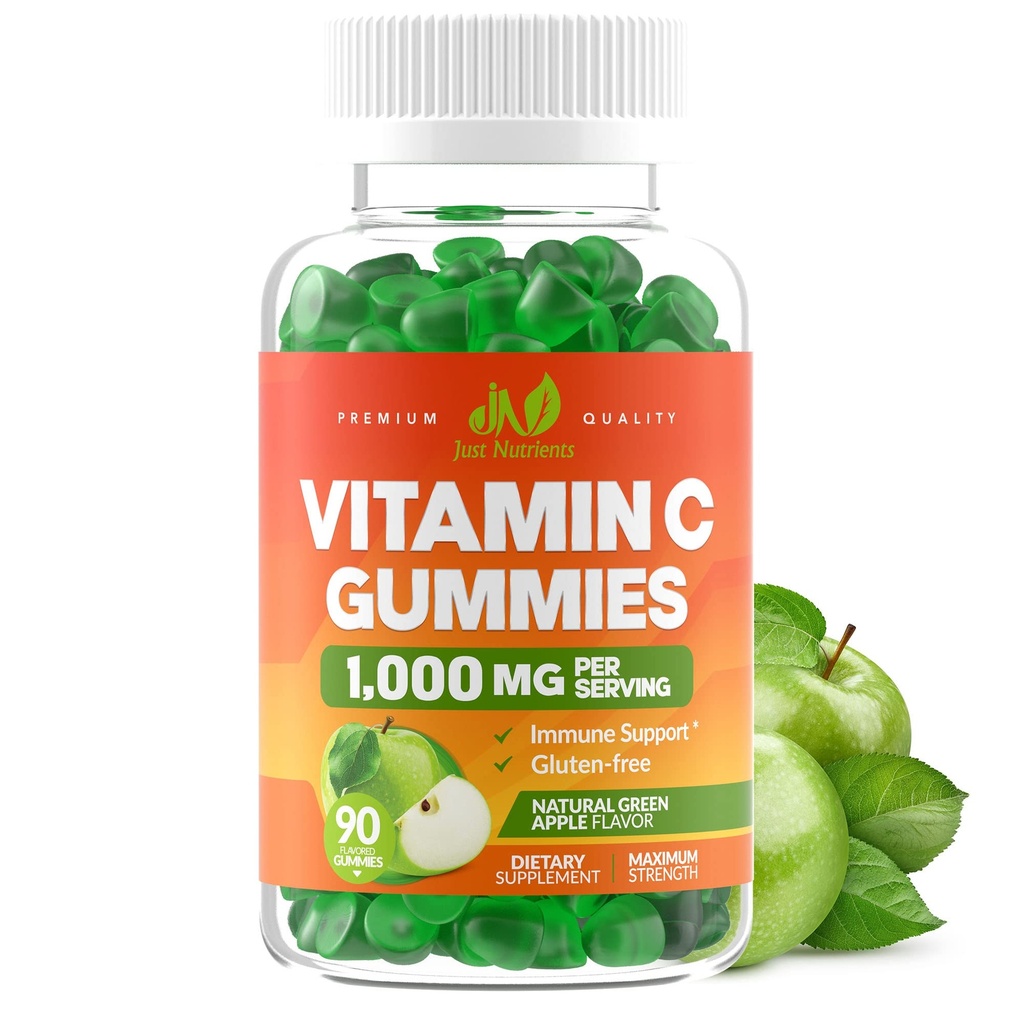 ויטמין C Gummies 1000 מ"ג למבוגרים ולילדים - תמיכה כספית משמעותית, תמיכה קולג'ן - Sour Green Apple Flavor - Gluten Free, non-GMO, Vegetarian - 90 מסטיקנים (30 משרתים)