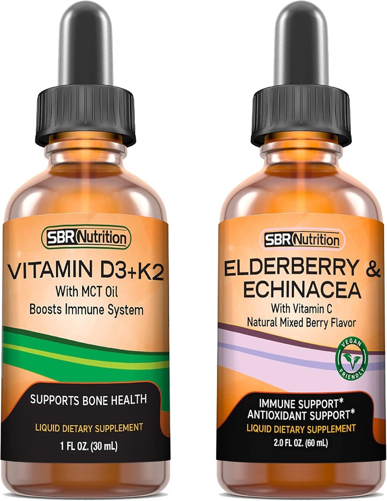 SBR Nutrition D3+K2 ו- Elderberry Bundle ויטמין D3K2 (MK7) טיפות נוזלים, Peppermint,1oz | Elderberry & Echinacea & ויטמין C Drops, 2oz | מבוגרים וילדים | מבוגרים