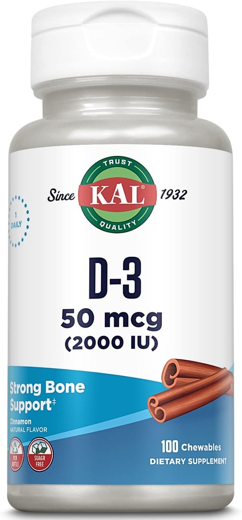 ויטמין D3 Chewables 50 mcg, ויטמין D 2000 IU כמו Cholecalciferol, Sugar Free, Natural Cinnamon Flavor D3 ויטמין, Immune Support & Bone Health, 100 משרתות, 100 צ'כוסים