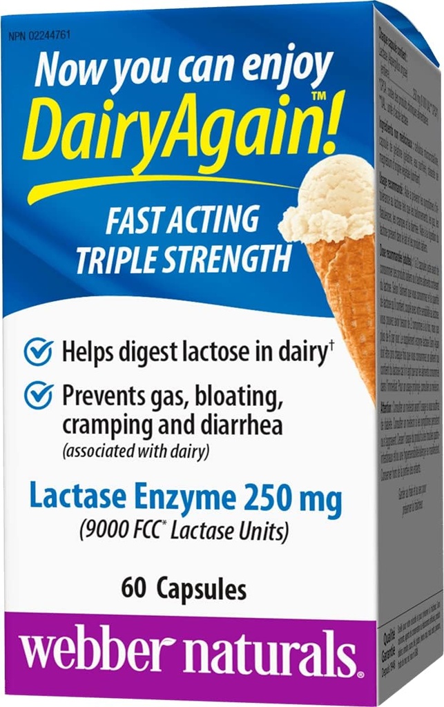 Webber Naturals שוב 250 מ"ג Lactase Enzyme משולש כוח, 60 קפסולות