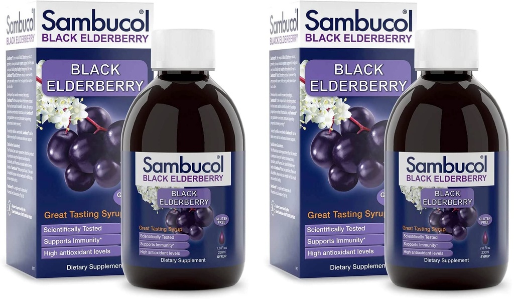 Sambucol Black Elderberry Syrup - Sambucus Elderberry Syrup, Black Elderberry נוזל, Immune Support, High Antioxidants, Gluten Free - פורמולה מקורית, 7.8 Fl Oz (Pack of 2)