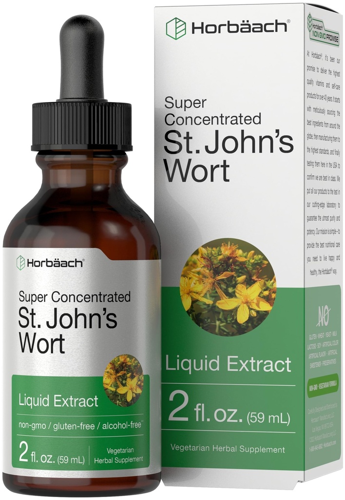 Horbäach St Johns Wort Tincture | 2 Fl Oz | אלכוהול חינם | מזון אורגני | Non-GMO, Gluten Free Supplement