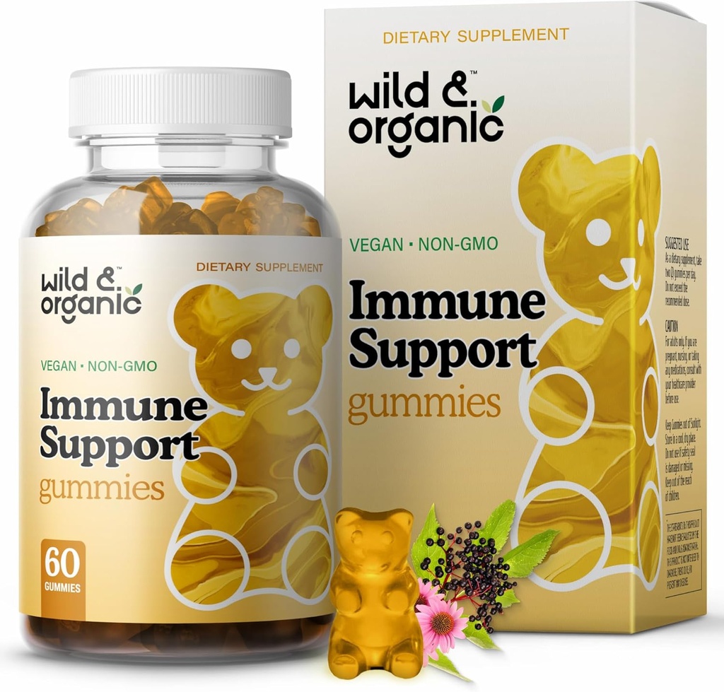 Wild & Organic Immune Support Gummies - Elderberry 1000 מ"ג ויטמין C 500 מ"ג - תוספת תמיכה טבעית של Immune - חניכיים מולדות טבעוניות עם C Zinc - 60 Count Count