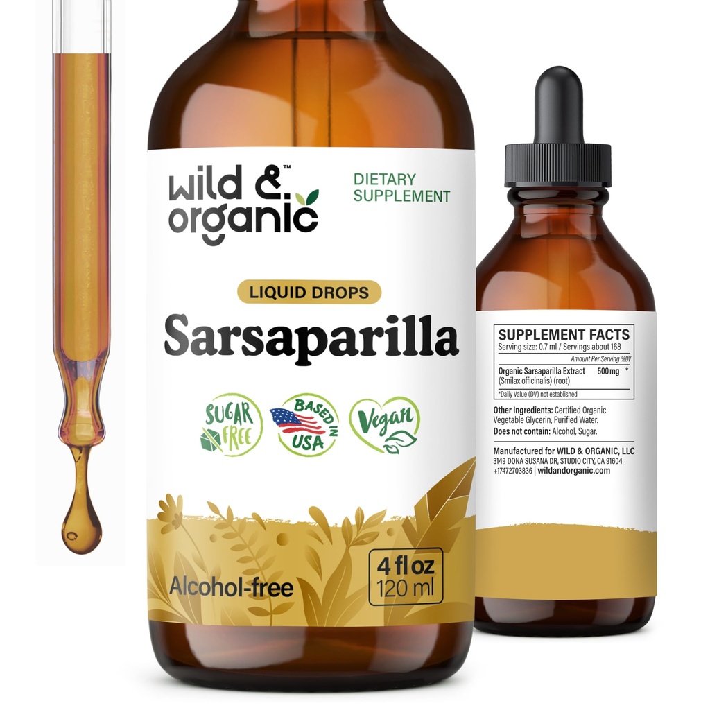 Wild & Organic Sarsaparilla Root Tincture - תמיכה כוללת - Sarsaparilla Extracts - טבעוני, סוכר ואלכוהול חינם טיפות - 4 oz oz