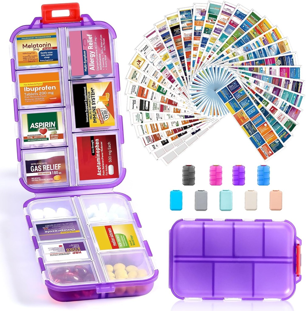 14 Grids Travel Pill Organer Box with 415-Pcs Medicine Name Labels, Pocket Daily Pharmacy Case Container, Travel Medicine Holder Dispenser Kit for Fish Oil Storage