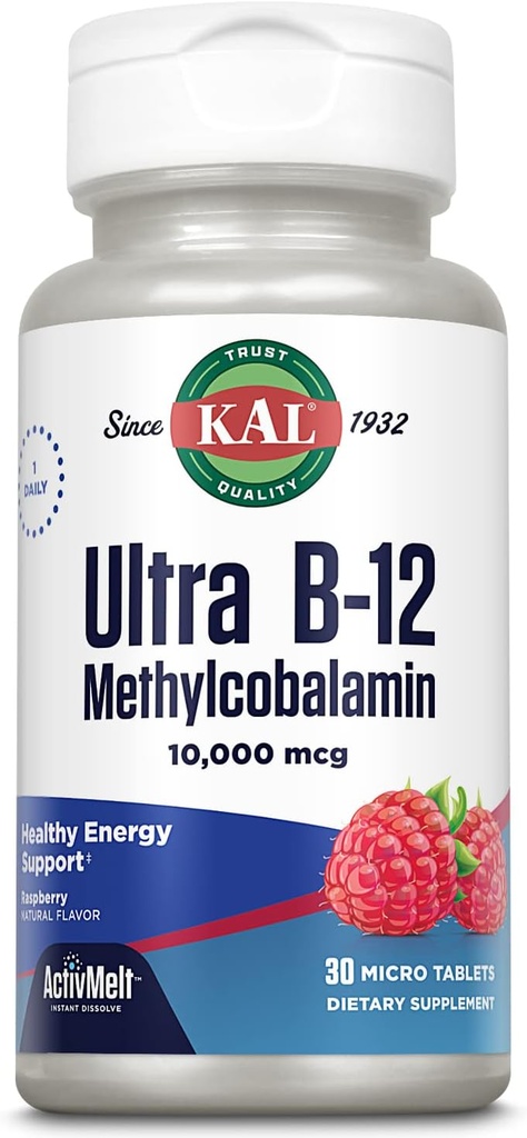 KAL Ultra B12 Methyylobalamin 10,000mcg, ויטמין עתיר גבוה B-12 עבור אנרגיה בריאה, מטבוליזם, Nerve, Red Blood Cell Support, * Natural Raspberry Flavor, Vegetarian, 30 טבליות מיקרו, 30 משרתות, 30 משרתים.