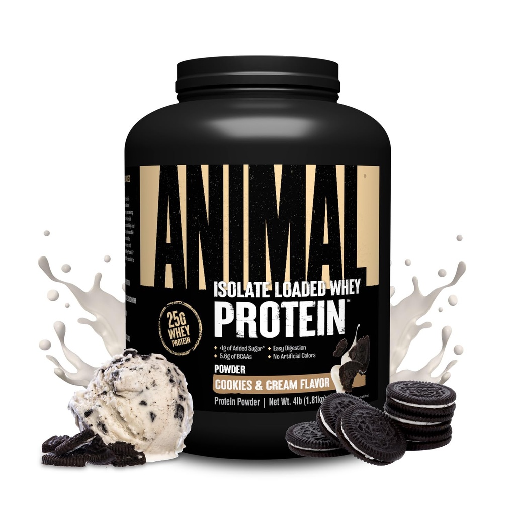 Animal Whey Isolate אבקת חלבון - נטען עבור Pre & Post Workout שריר בונה ושיקום עם Enzymes העיכול עבור גברים ונשים - 25g חלבון, טעם גדול, סוכר נמוך - עוגיות ו Cream 4 lbs
