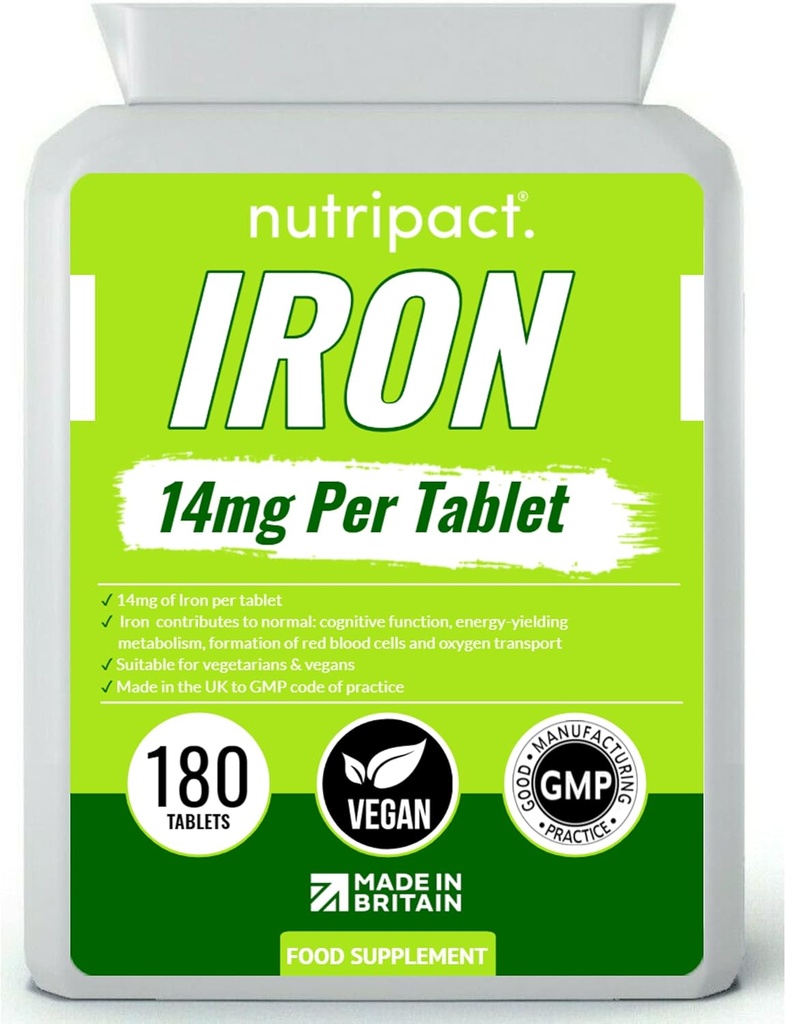 טבליות ברזל 14 מ"ג - Easy to Swallow one-a-Day Formula - מסייע להפחית עייפות ושומן, אנרגיה Booster, תומך במערכת החיסון, צורה של תאי דם אדומים - 6 חודשים אספקה - 180 תוספת טבעונית