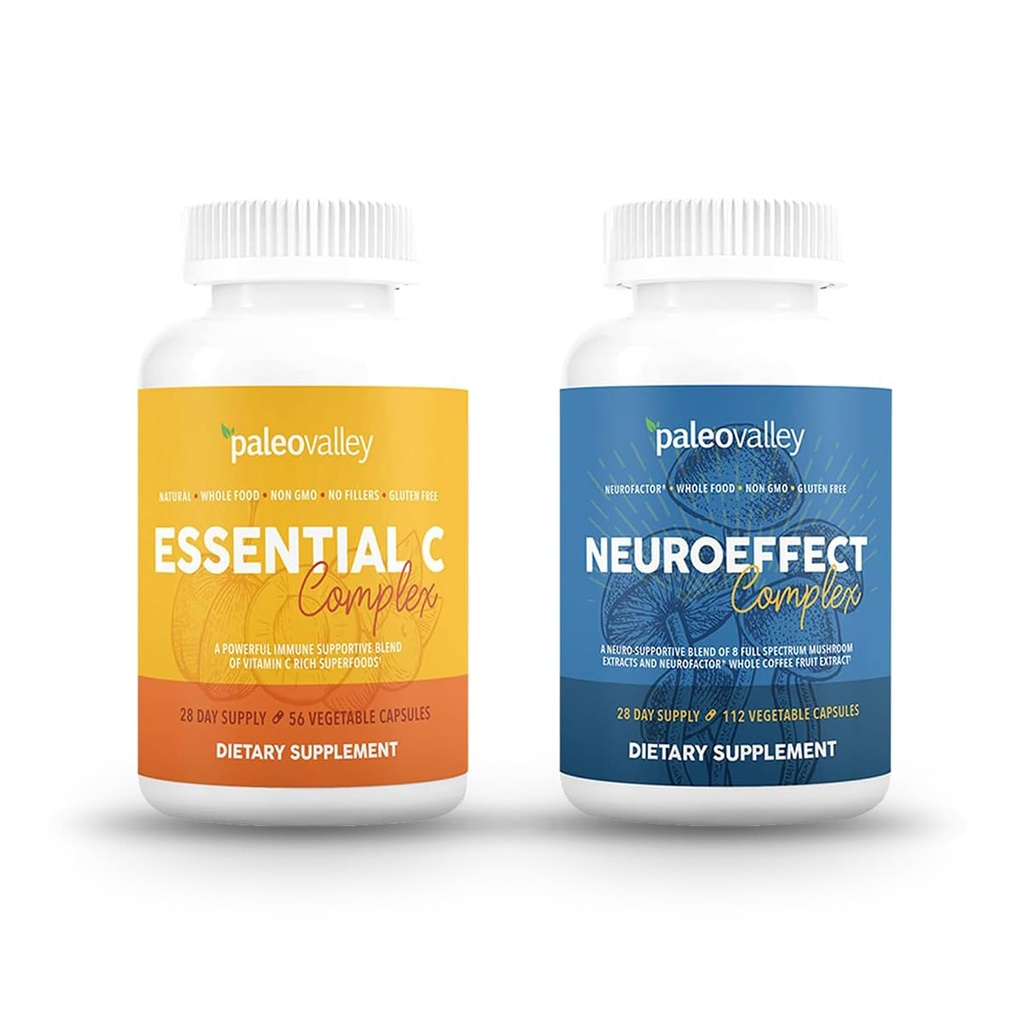 Paleovalley NeuroEffect + Essential C Complex Bundle - Neuro Mushroom קפה לחלץ, ויטמין C תוסף 450g Focus, Memory, Energy, Immune Support, אורגני Superfoods