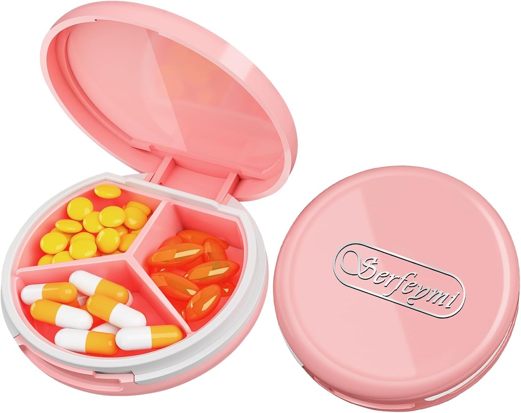 Serfeymi Small Pill Box - 3 השוואתיות Portable Pill Box for Purse Pocket, Compact Mini Travel Pill Case - מתאים לרפואה, ויטמין, שמן דגים, תוספים - Pink(o)