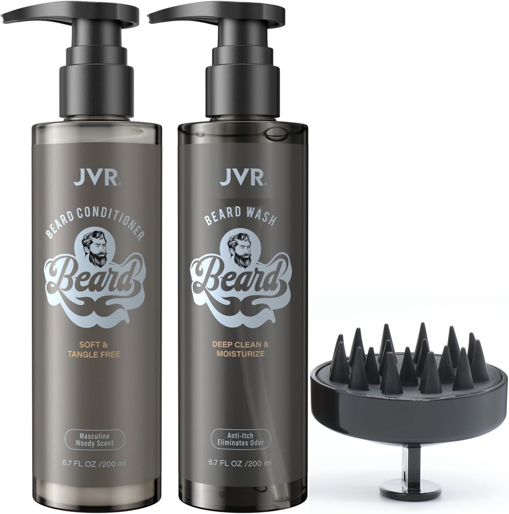 JVR Beard Wash and Beard Conditioner for Men, Beard Shampoo ניקוי ומצמצמצת את פריז, Soften & Strengthens, אורגני עם קוקוס, Aloe, מספק שין עבור יבש וקוארזה Beards, Beard Care (6.7oz)