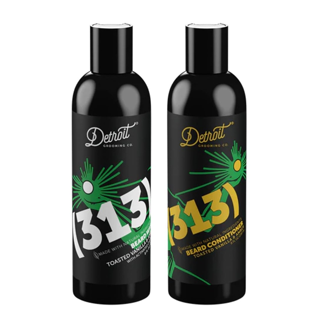 דטרויט Grooming Co. Beard Wash and Beard Conditioner - Men's Kit - Softens, Powerens, Moisturize, Infused w/Argan Oil, Apple Extract, & Aloe Vera - Toasted Vanilla Amber Scent - 313-8ozozize