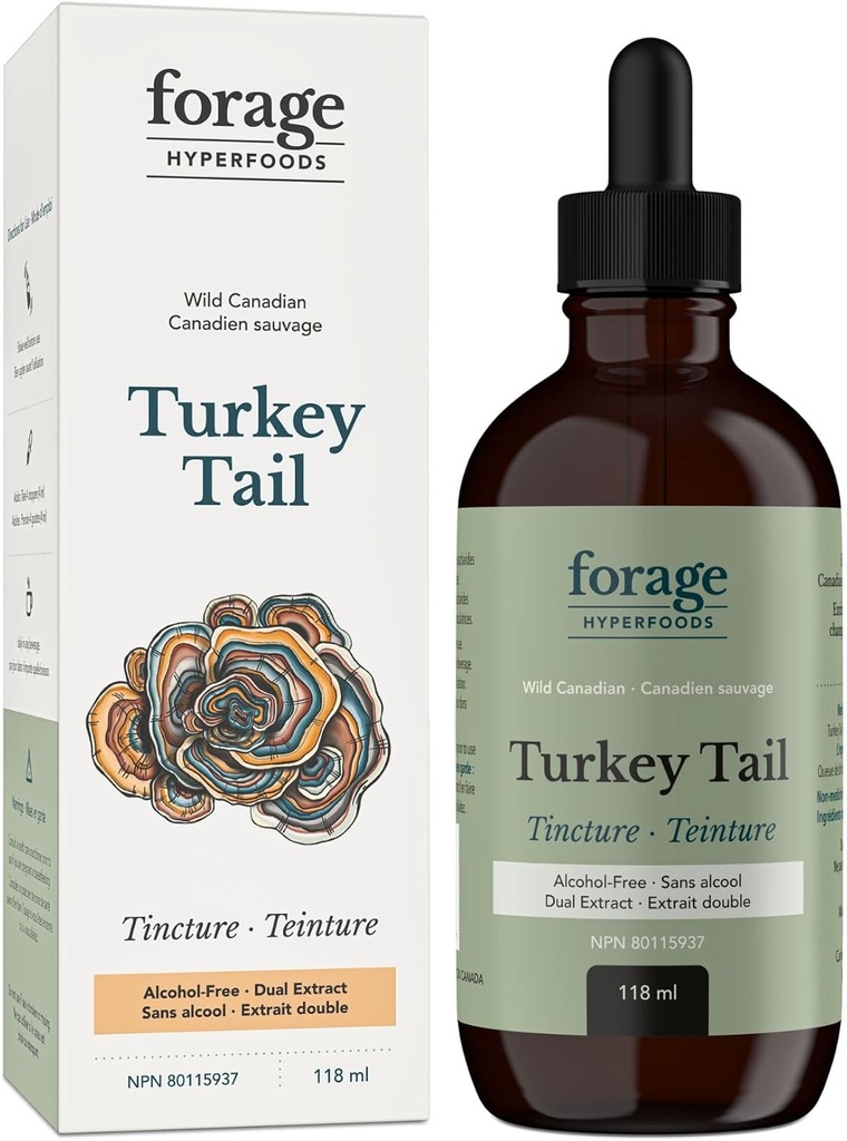 Forage Hyperfoods- Alcohol-Free Turkey Tail Mushroom Superfood תוספת לחלץ Tincture, טבעוני, non-GMO, Immune System ו- Gut Health Support, 118ML