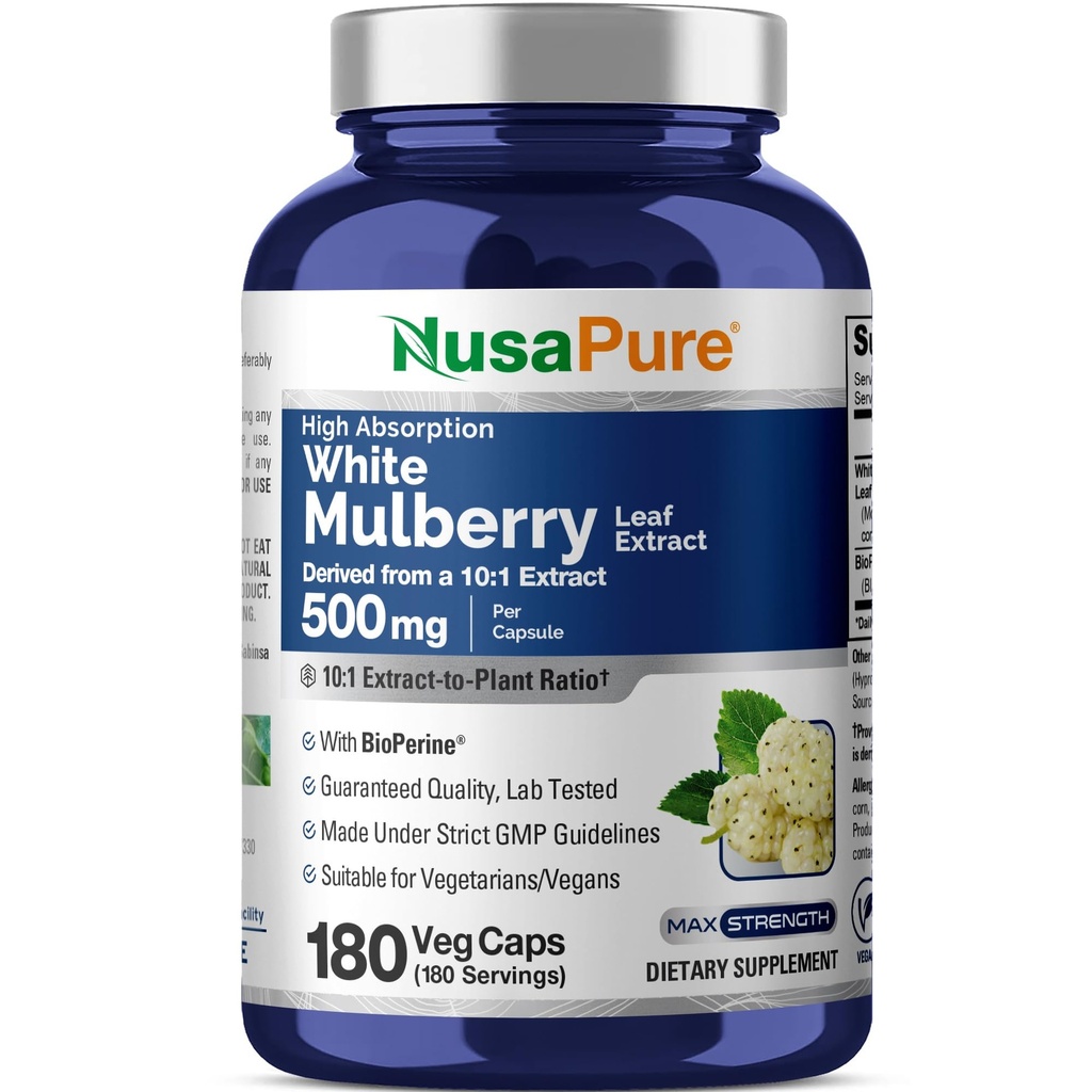 NusaPure White Mulberry Leaf לחלץ 10:1, 500 מ"ג שווה 5000 מ"ג 180 Veg Caps (Vegan, non GMO Bioperine)