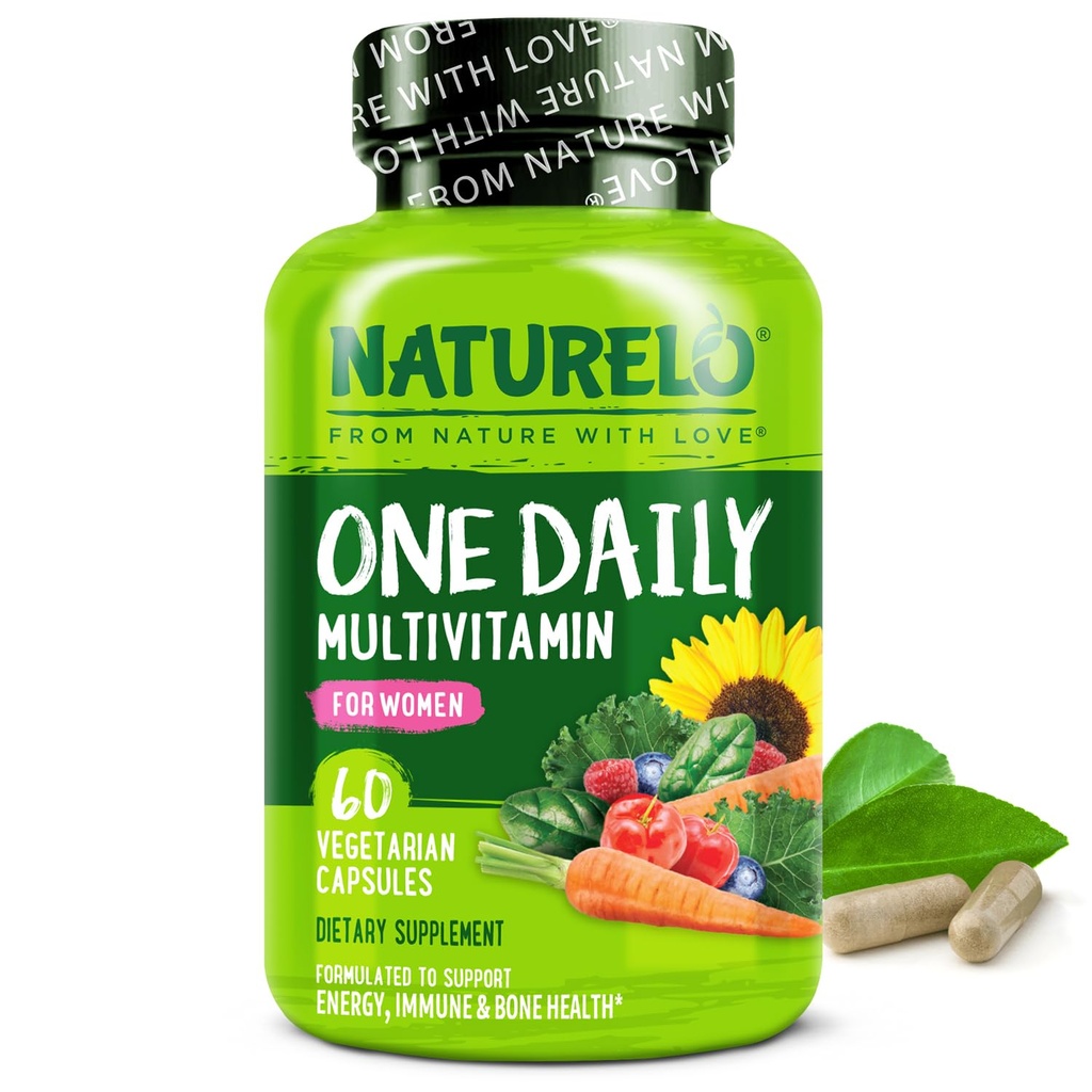 NATURELO One Daily Multivitamin for Women w/Vitamin B12, 60 Ct, Energy Support, Whole Food Daily Women Multivitamin, Nourish Hair/Skin/Nail, Non-GMO, No Soy, Gluten Free, 2 חודשים אספקת מזון