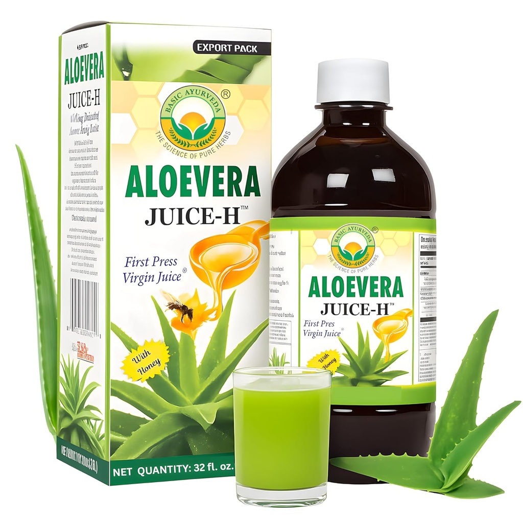 BASIC AYURVEDA Aloe Vera Juice with Honey 32.46 Fl Oz (960 מ"ל) | תמיכה בבריאות העיכול, הידרה והעור בריאות | Cold Pressed Herbal Juice | Natural Cleanse | No added Sugar Sugar Sugar Sugar Sugar
