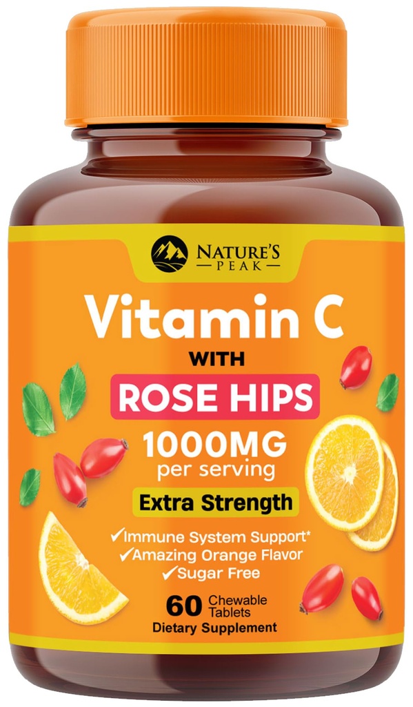 ויטמין C 1000mg Chewable תוסף - תוספת כוח Immune תמיכה ויטמין C Dietary תוספת עם Rose HIPS, תמיכה ויטמין C Antioxidant תמיכה, טבעי, טבעוני, כתום פלאמור - 60 טבליות